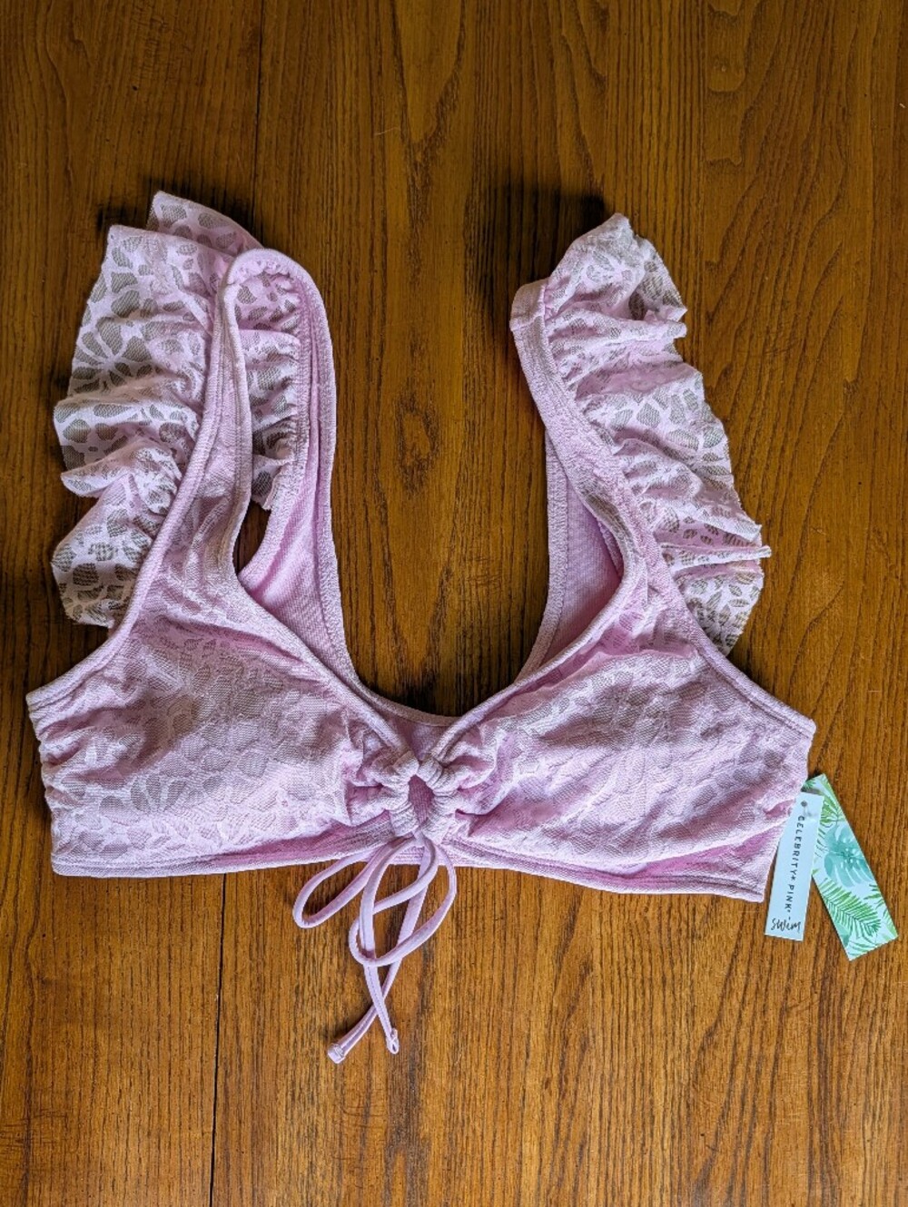 Celebrity Pink Swim Bikini Top – Pink Floral Lace Mesh Ruffle – Junior Size 11-1